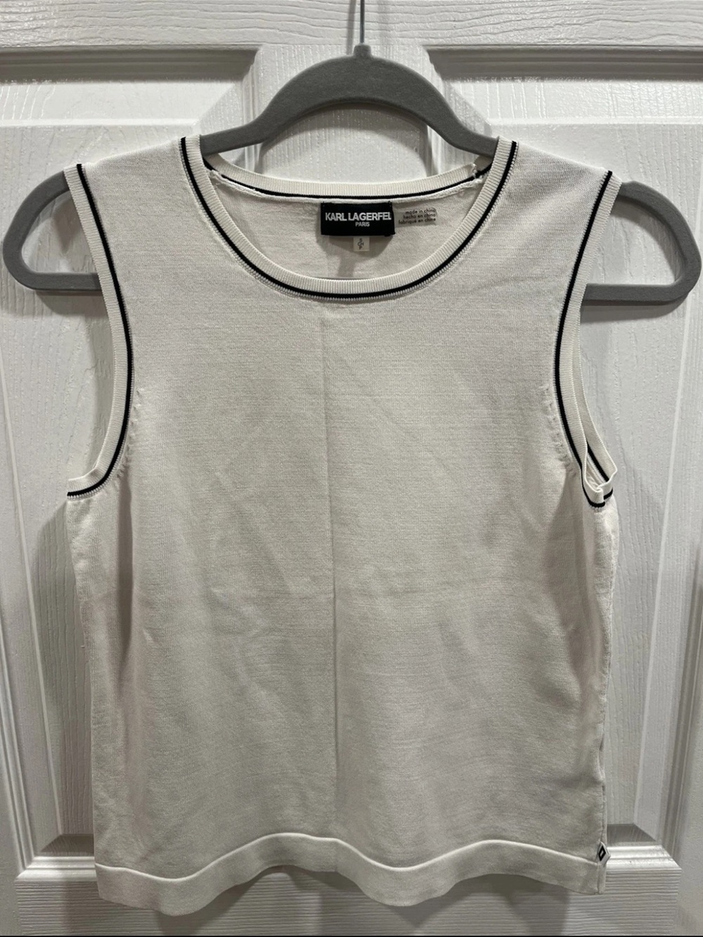 Karl Lagerfeld Paris Sleeveless Knit Sweater Small Ivory Black Trim Career Top
